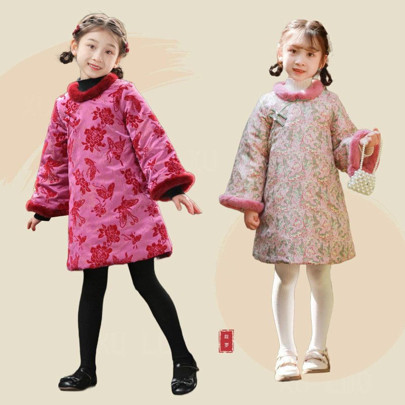 儿童旗袍新款冬季中国风汉服棉衣女童拜年服女孩新中式连衣裙唐装