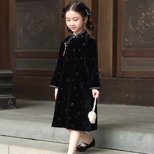 女童金丝绒连衣裙长袖国风秋款复古黑色礼服儿童中国风旗袍新中式