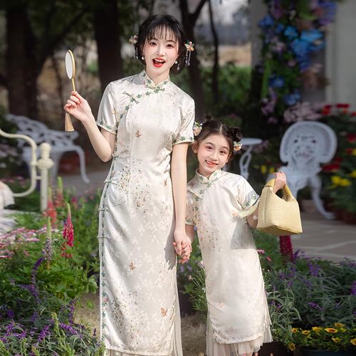 亲子装母女俩一模一样儿童旗袍新中式唐装女童国风连衣裙夏季优雅