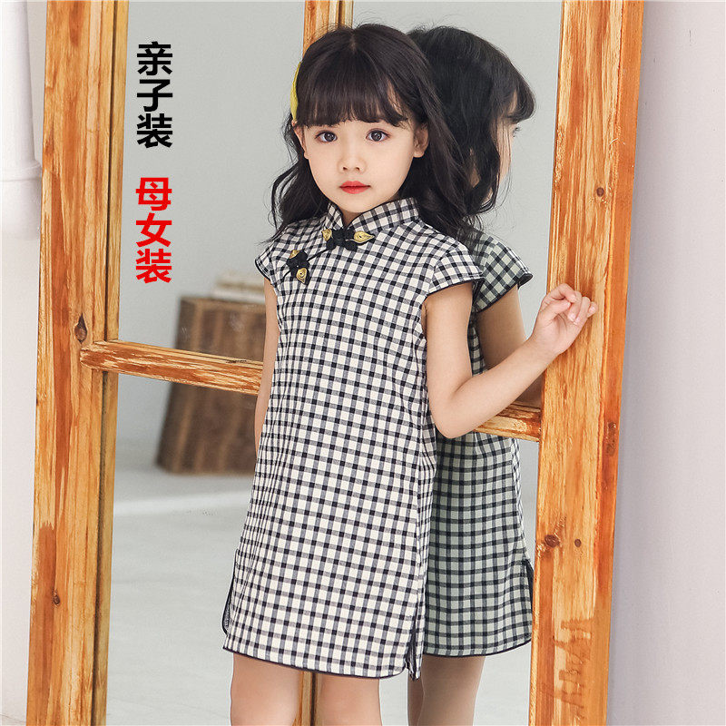 女童旗袍夏亲子装中式连衣裙母女装儿童格子民国服纯棉中国风大码