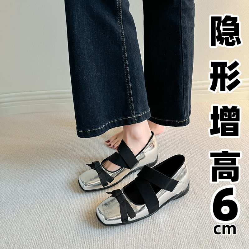 内增高方头蝴蝶结平底玛丽珍鞋子