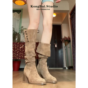 美拉德复古绒面两穿长靴女2025新款 高跟堆堆靴高筒西部靴子 秋冬季