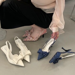 甜美气质名媛碎花蝴蝶结尖头浅口后空凉鞋 2026春季 小众高跟鞋 法式
