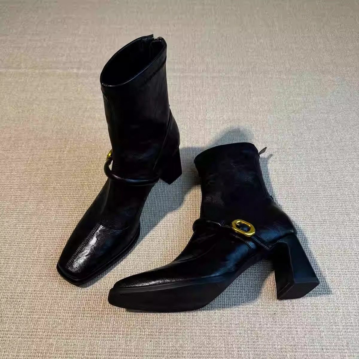 牛皮版~方头高跟瘦瘦靴女法式粗跟复古后拉链真皮短靴弹力时装靴,女鞋,时装靴,淘宝优惠券,粉丝福利购,淘宝优惠卷