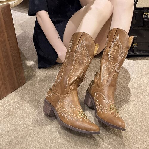 美拉德铆钉复古西部牛仔靴子