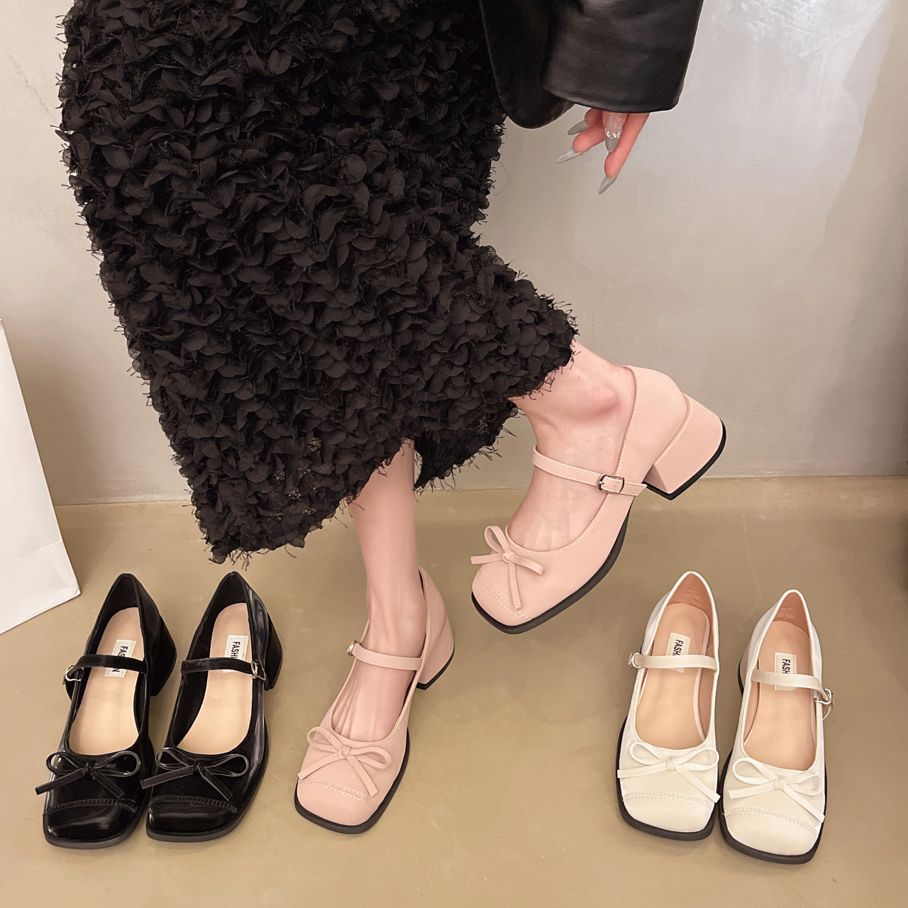 粗跟单鞋舒适百搭高跟玛丽珍鞋