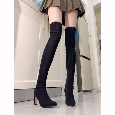 过膝高筒弹力靴尖头高跟长筒靴
