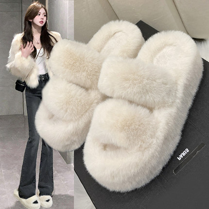 大码毛毛拖鞋女2025新款百搭高跟厚底增高7cm小个子毛绒棉拖外穿