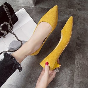 鞋子女2021新款浅口女鞋高跟鞋尖头绒面黑色女冬低跟单鞋女工作鞋