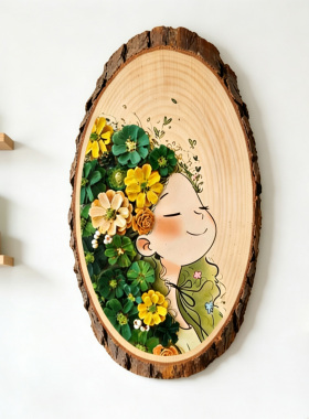 木质花卉人物壁饰客厅卧室装饰画幼儿园diy手绘松果材料创意摆件