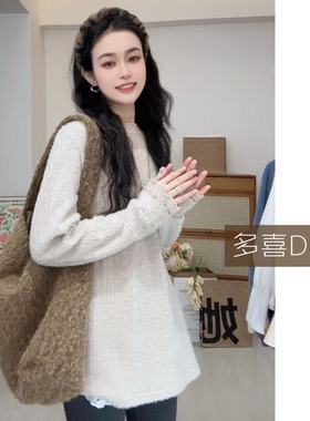 Duoxi+有温度F090#秋冬新款宽松休闲小众设计感长袖打底上衣