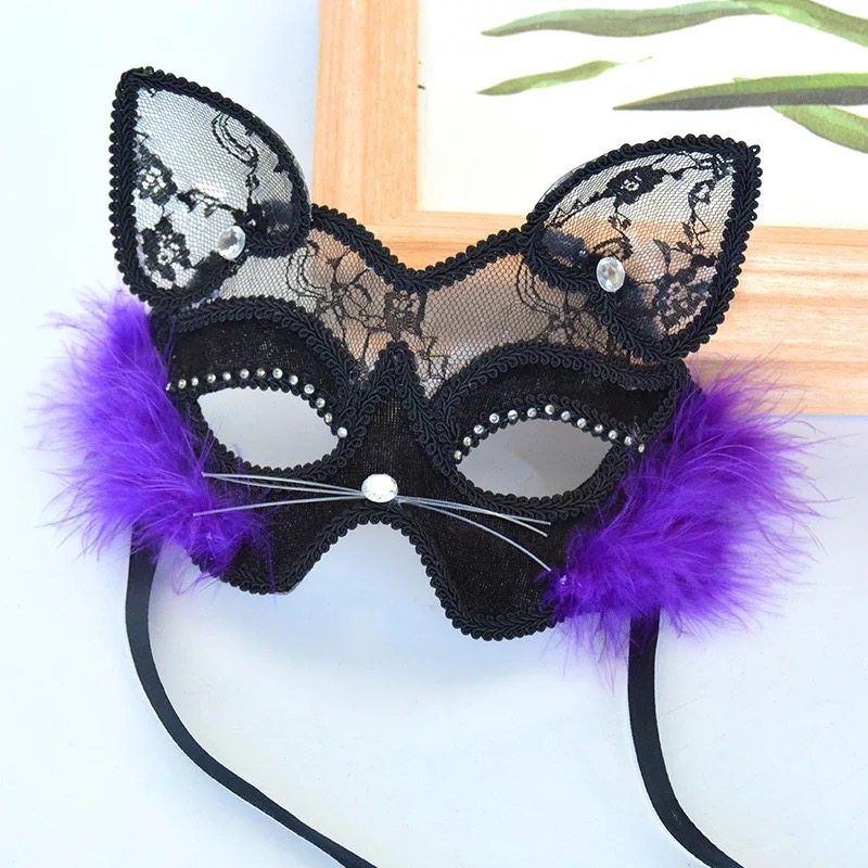 猫狐狸面具化妆舞会道具半脸 纯黑色蕾丝眼罩情趣性感女新款妖狐