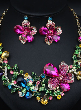 欧美复古水晶水钻花朵项链耳环女