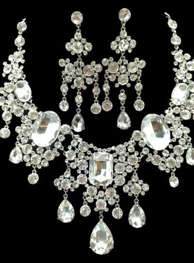 欧美奢华水晶流苏吊坠锁骨项链耳环首饰套装女新娘礼服摄影配饰品