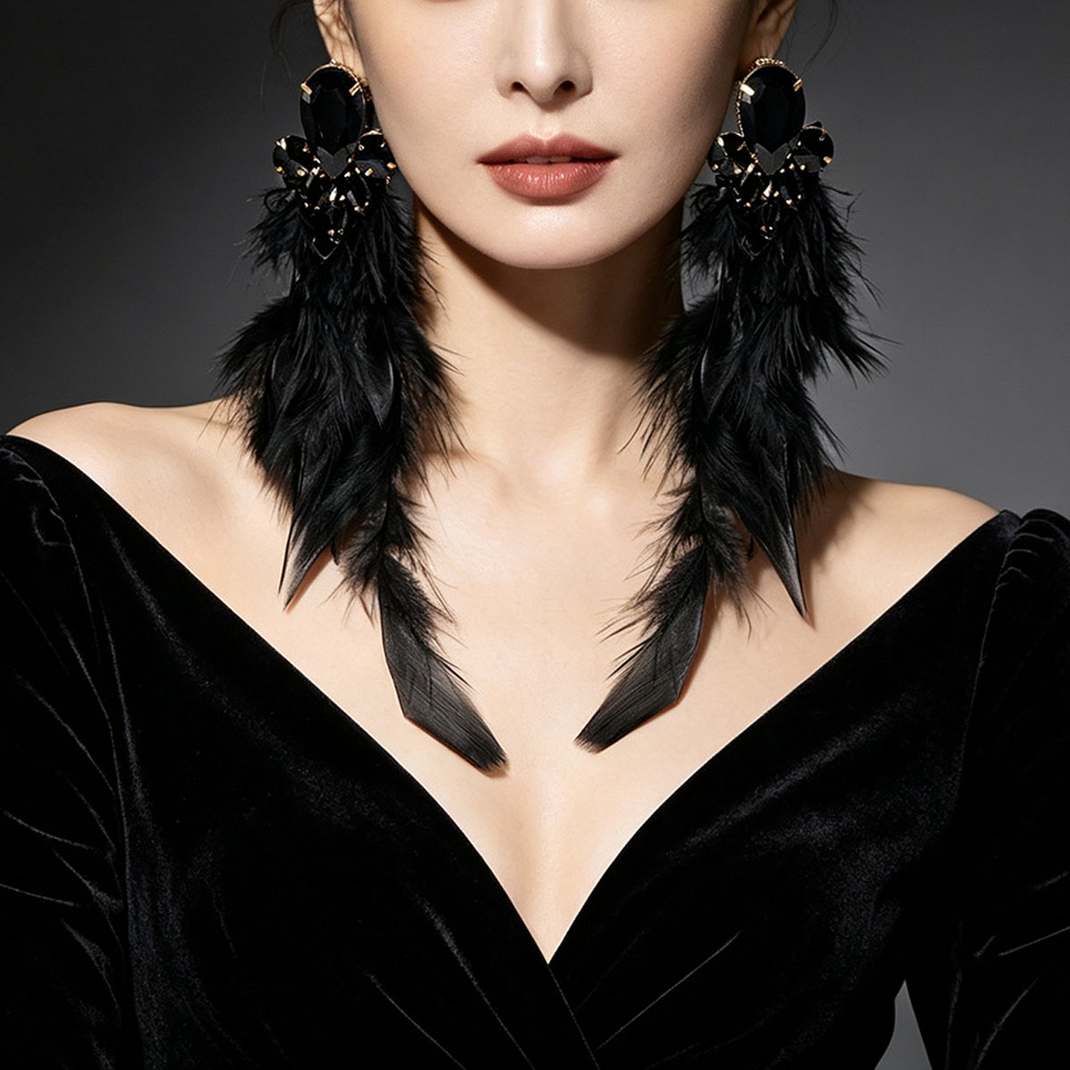 黑色羽毛耳环女流苏耳饰礼服配饰图片
