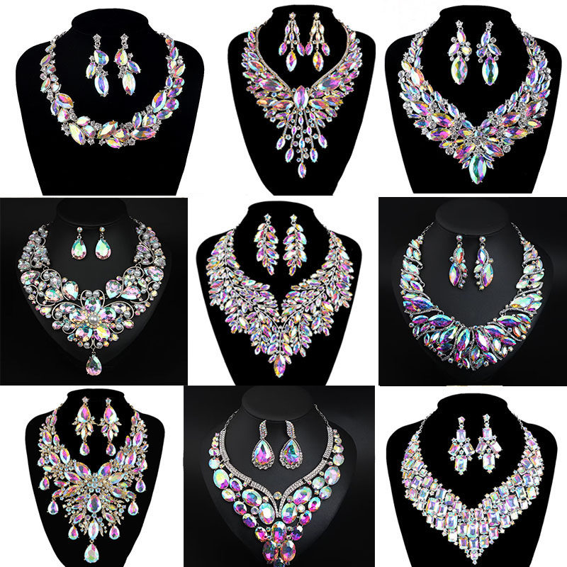 欧美时尚奢华宝石水钻项链耳环套装女个性造型宴会礼服夸张装饰品