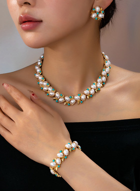 欧美风复古珍珠项链耳环手链首饰套装女优雅高级感宴会礼服配饰品