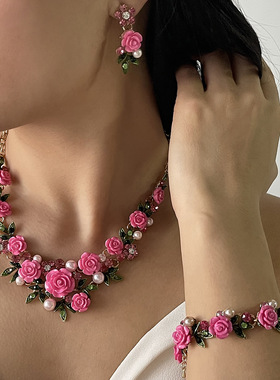 时尚小清新树脂花朵甜美锁骨项链耳环女气质百搭春夏连衣裙配饰品