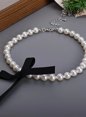 精致简约单层圆珠串珠珍珠蝴蝶结颈链短项链女气质百搭复古配饰品