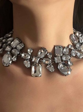 欧美时尚几何水晶宝石短项链女气质百搭闪亮锁骨链宴会礼服配饰品