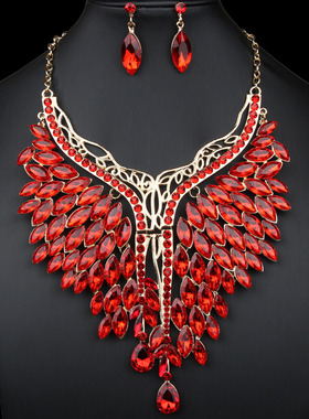 欧美夸张奢华宝石翅膀项链耳环套装女时尚宴会演出新娘礼服配饰品