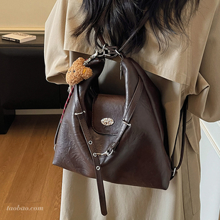 通勤复古美拉德棕色女式双肩包2026简约多用后背包时尚单肩托特包