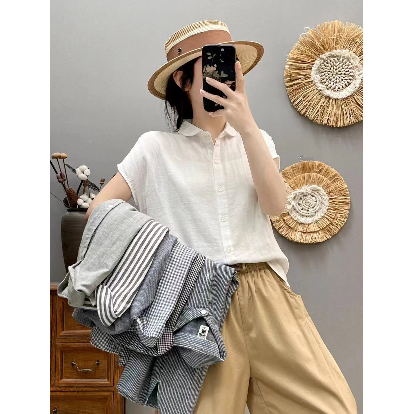 夏季薄款纯棉双层棉纱短袖衬衫女娃娃领休闲百搭无袖纯棉上衣