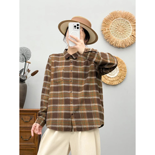 秋季新款加厚磨毛格子长袖衬衫女宽松显瘦方领上衣休闲纯棉衬衣女