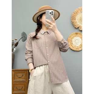 春季新款复古文艺条纹长袖衬衫女宽松显瘦方领纯棉上衣休闲衬衣女