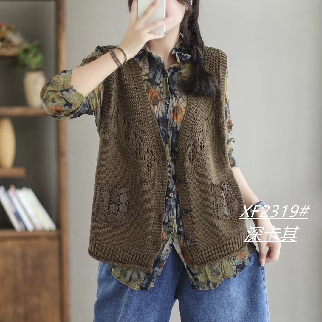 复古文艺短款V领针织衫马甲女