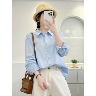 女宽松显瘦休闲百搭时尚 春季 衬衫 复古文艺方领长袖 纯棉上衣女 薄款