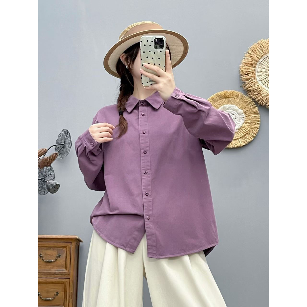 春秋新款复古纯棉磨毛长袖衬衫女方领休闲上衣百搭时尚纯色衬衣女