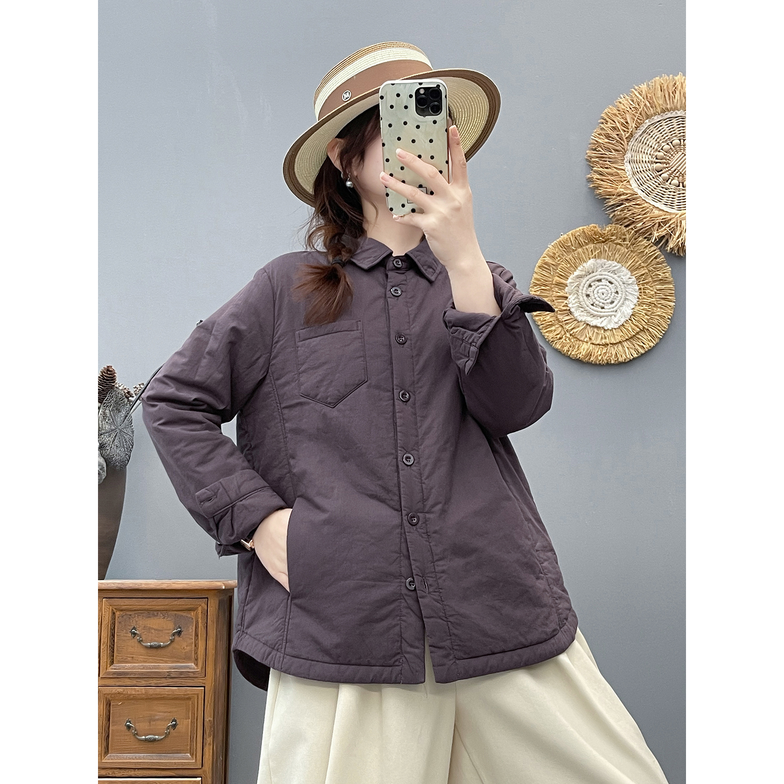 秋冬新款复古加厚夹棉长袖衬衫女方领显瘦纯棉上衣百搭棉衣外套女