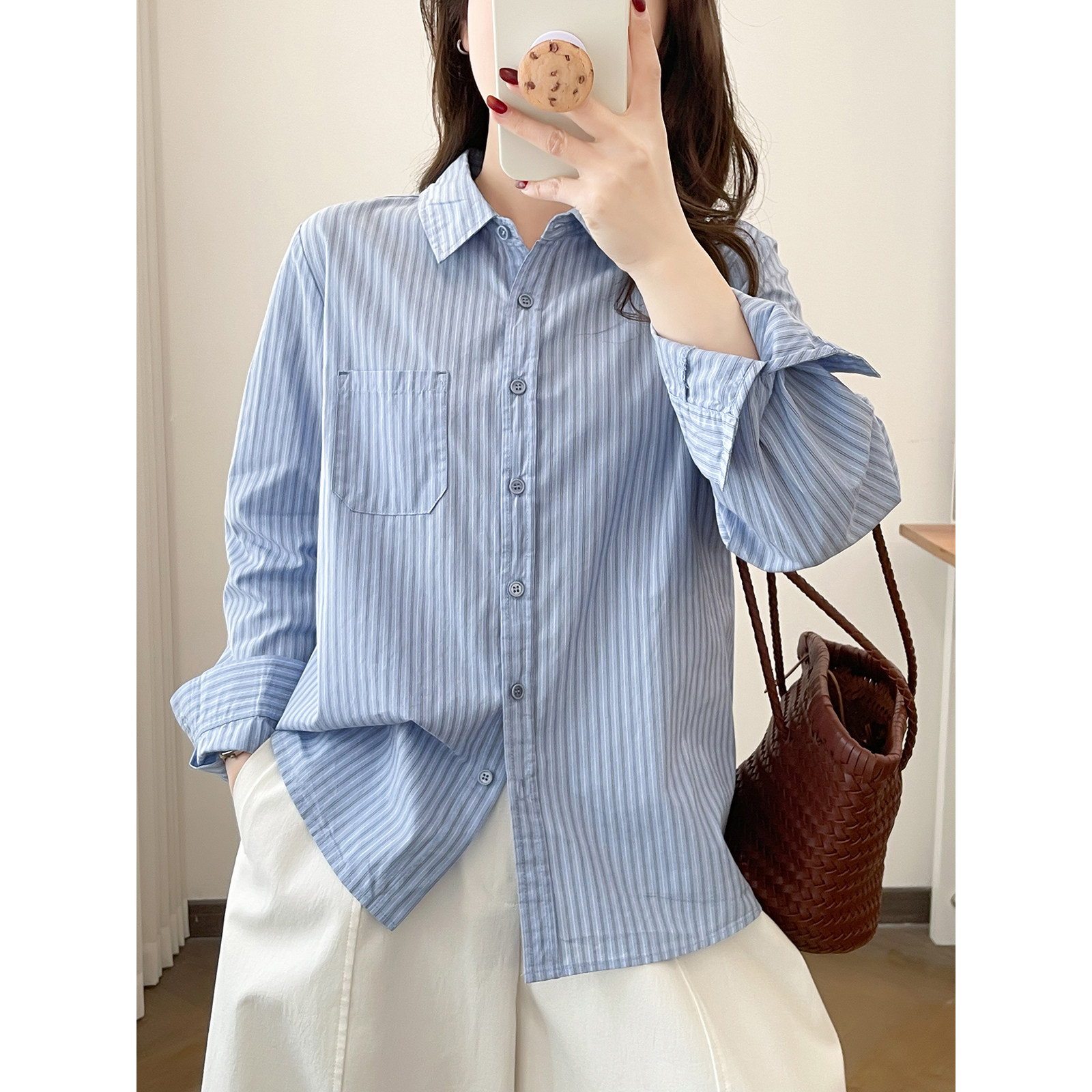 春季薄款方领条纹长袖衬衫女休闲百搭纯棉上衣宽松显瘦时尚衬衣女
