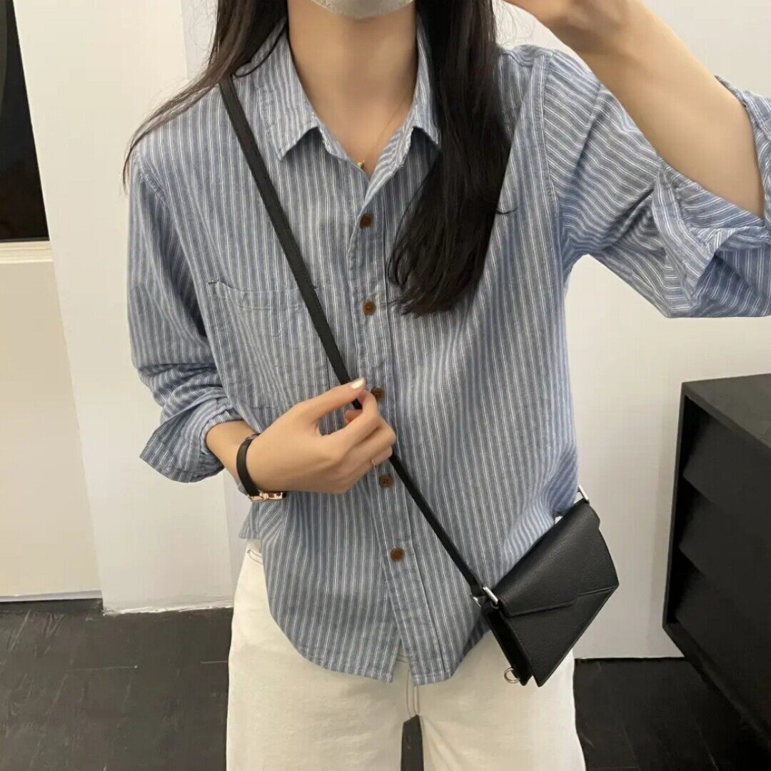 春季薄款复古文艺条纹长袖衬衫女宽松休闲百搭纯棉上衣时尚衬衣女