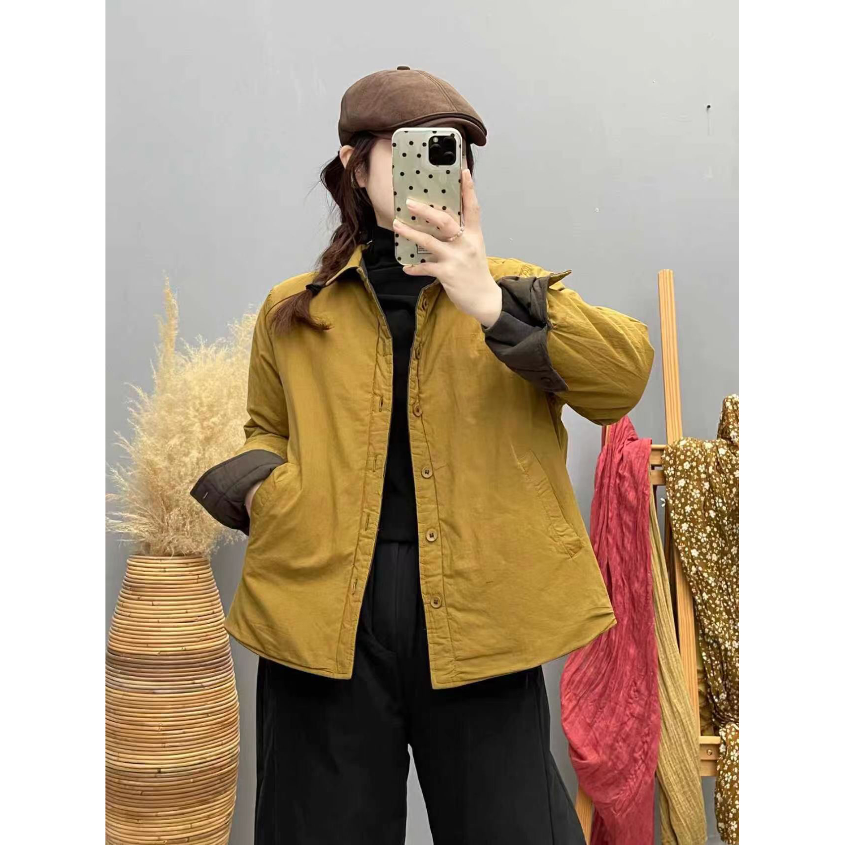 秋冬新款复古加厚夹棉长袖衬衫女百搭休闲双面穿上衣宽松棉衣外套