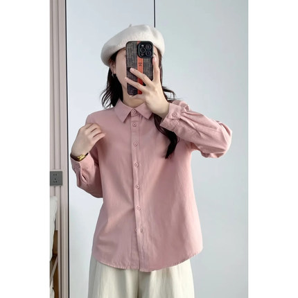 秋季新款文艺方领磨毛棉长袖衬衫女宽松显瘦纯棉上衣时尚百搭衬衣