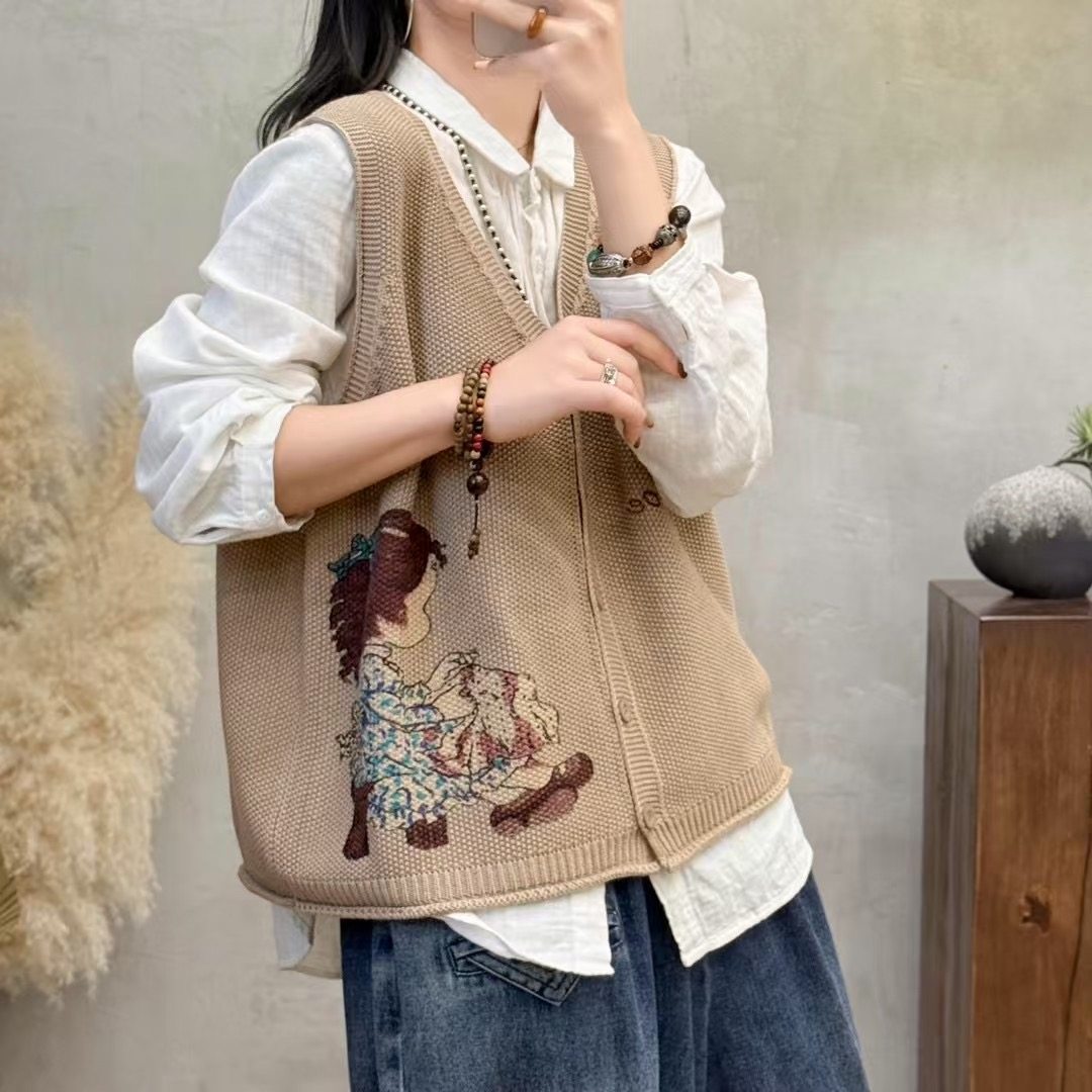 春季新款复古V领棉线开衫马甲女短款无袖针织衫上衣休闲毛衣外套