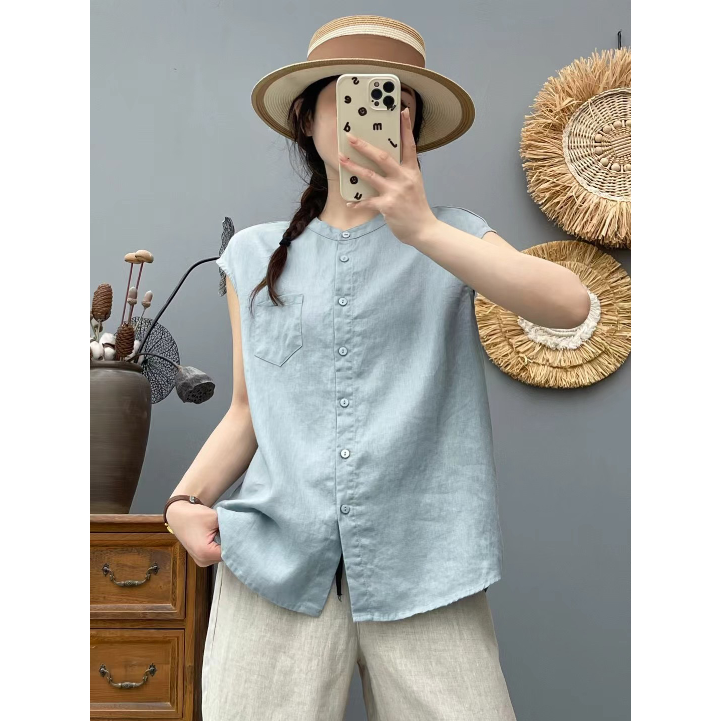 夏季薄款文艺亚麻上衣女宽松显瘦短袖衬衫中式休闲无袖百搭背心女