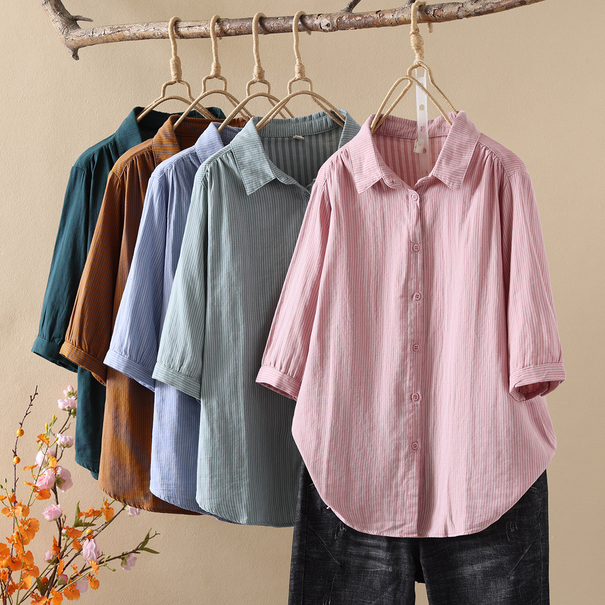 夏季薄款方领纯棉双层棉纱短袖衬衫女宽松显瘦五分袖上衣休闲衬衣