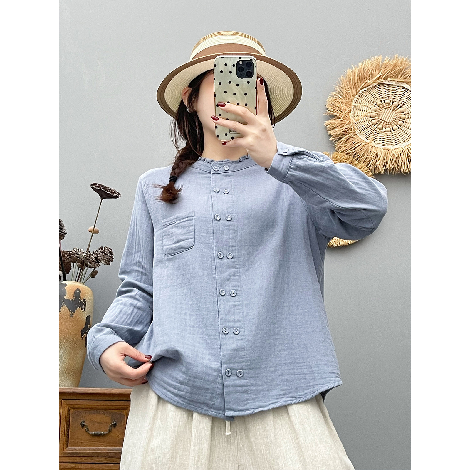 春秋薄款花边领双层棉纱长袖衬衫女宽松休闲时尚百搭文艺纯棉上衣