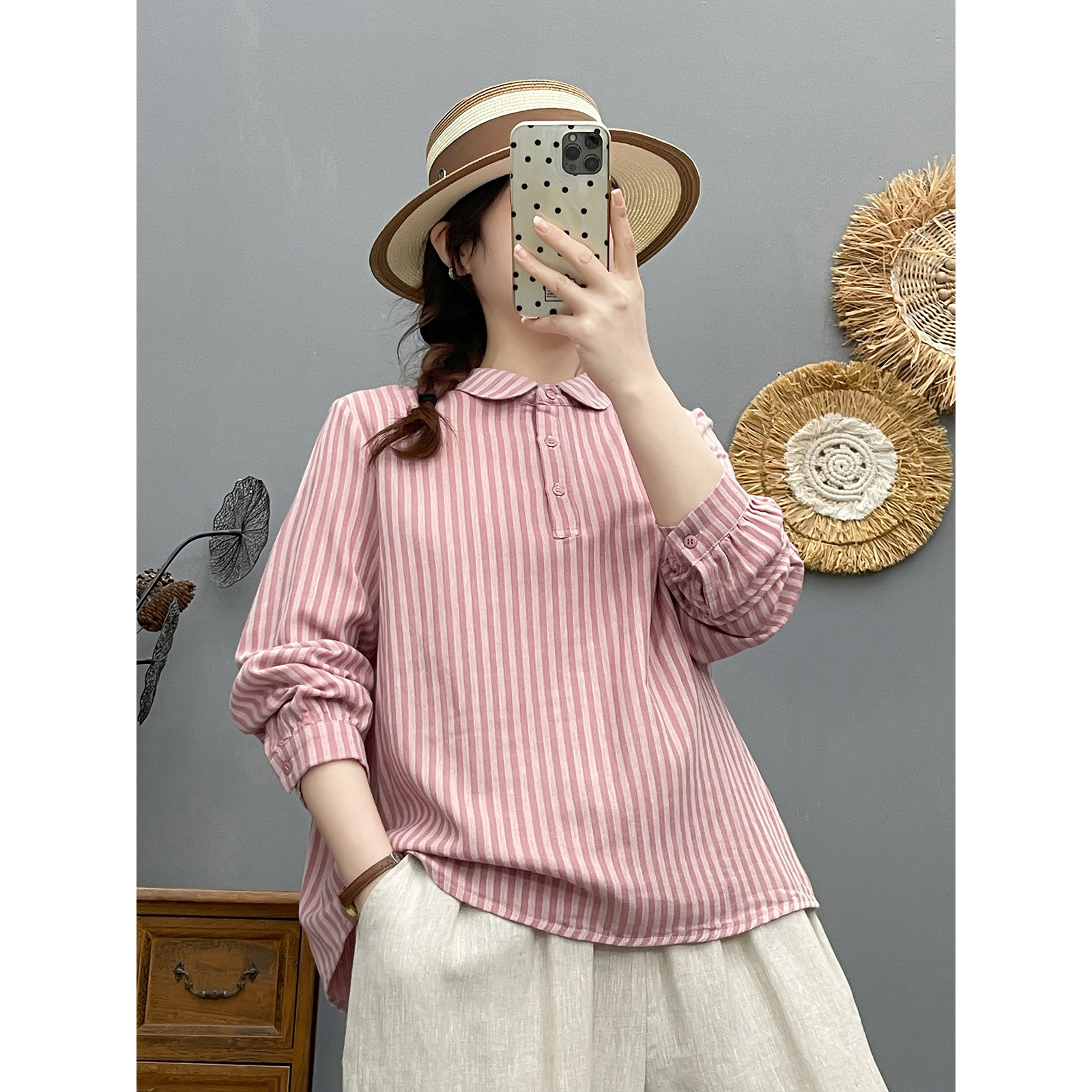 春季薄款文艺条纹双层棉纱长袖衬衫女宽松休闲纯棉百搭娃娃领T恤