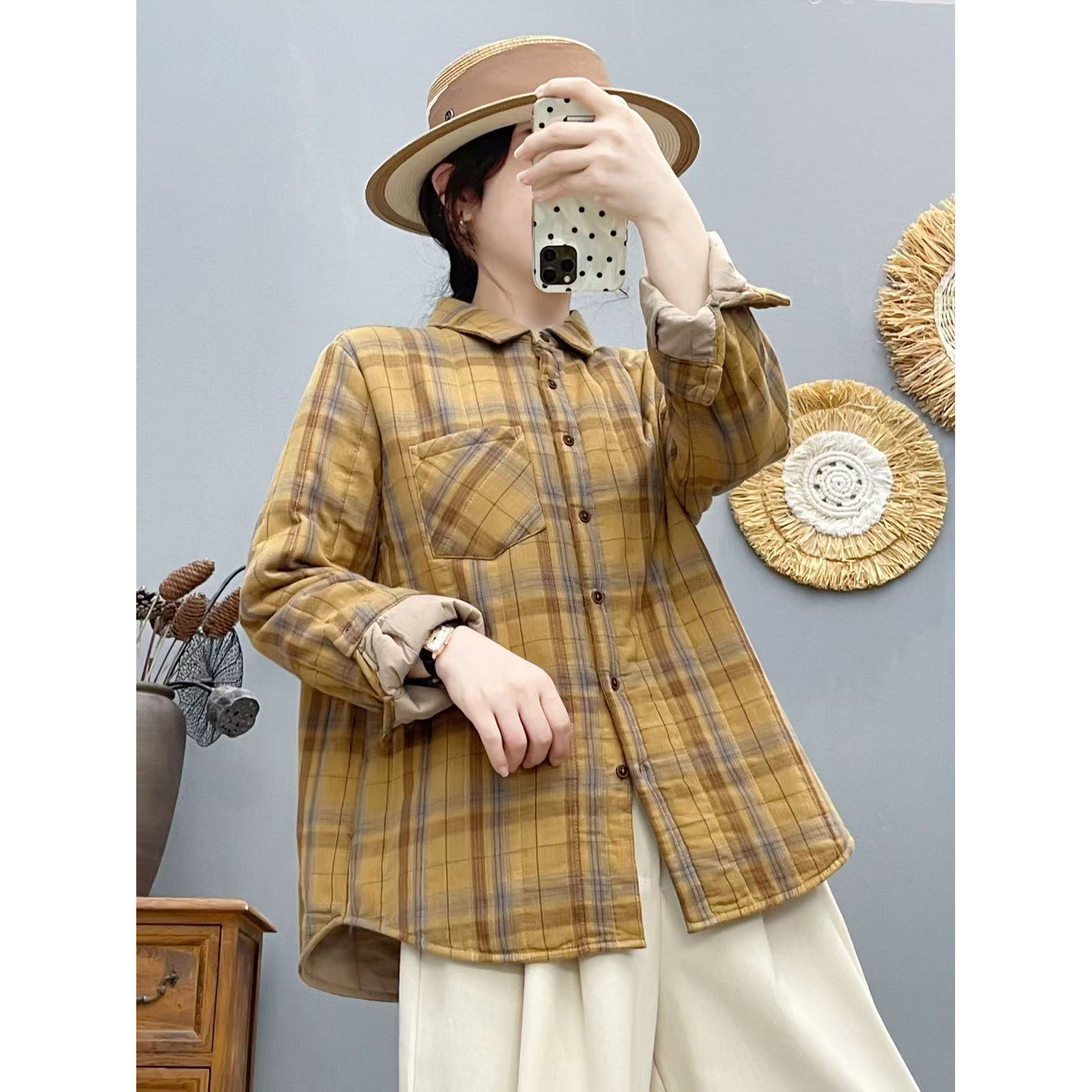 秋冬新款复古文艺加厚夹棉上衣女休闲方领格子长袖衬衫棉衣外套女