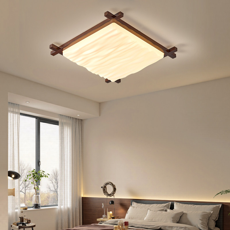 原木风卧室实木吸顶灯胡桃木色全光谱创意方形书房护眼LED灯具