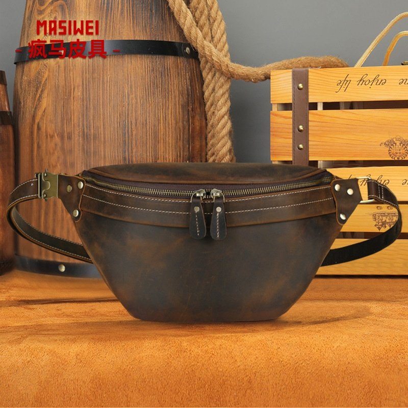 2026春季欧美跨境疯马皮复古男士胸包 头层牛皮大容量挎包休闲,箱包皮具/热销女包/男包,胸包,淘宝优惠券,粉丝福利购,淘宝优惠卷