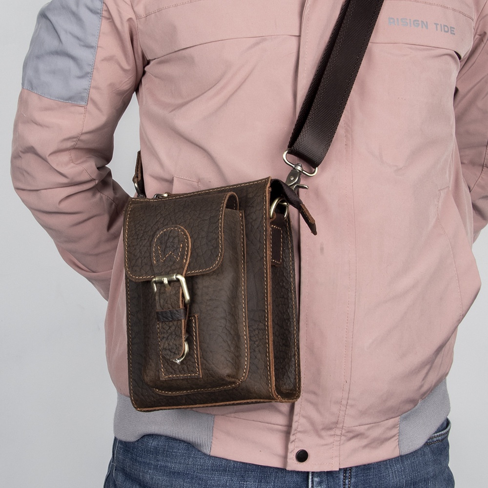 2025秋冬厂家定制头层牛皮斜挎包时尚简约手机包穿皮带腰挂包