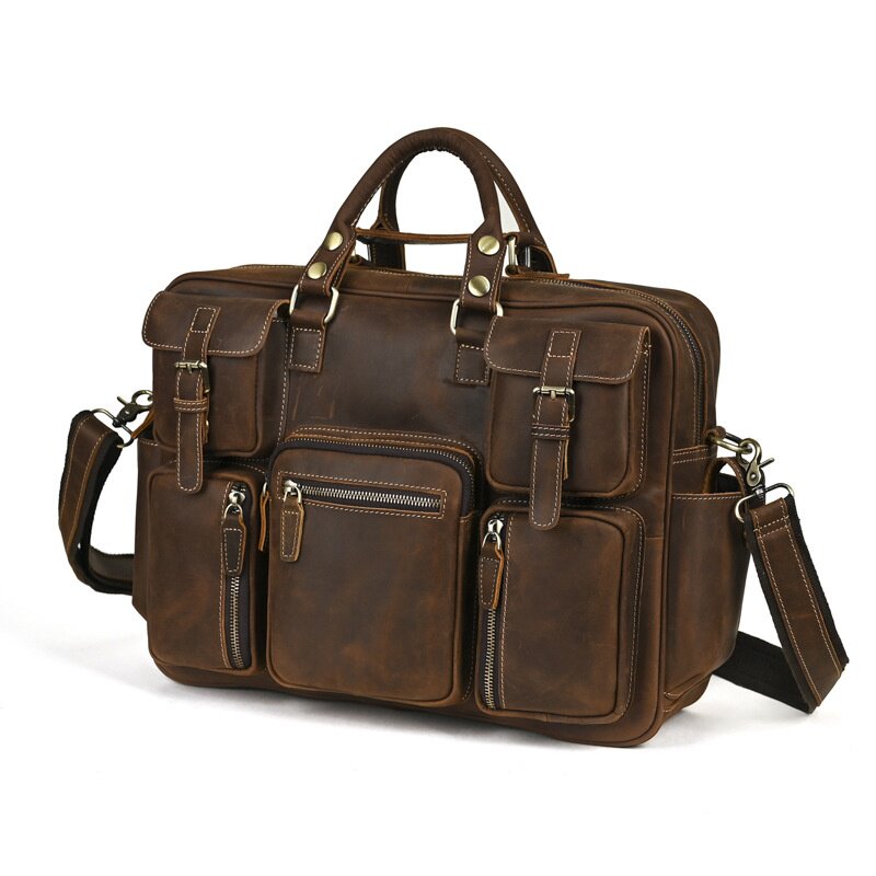2026春夏欧美复古疯马皮男包真皮15寸多口袋单肩手提斜跨电脑邮差