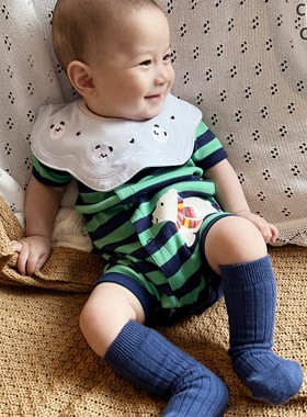 Chubby Cheeks新生婴儿夏季连体衣爬爬服外贸男宝宝短袖纯棉哈衣