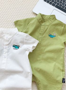 夏季新款婴幼儿舒适棉短袖连体衣衬衫男宝哈衣男童恐龙外出服