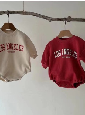 2025秋冬新款美式复古男女宝加绒字母logo卫衣长袖连体衣包屁爬服